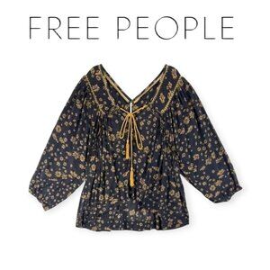 Free People Black Gold Sunflower Pattern Never a Dull Moment Peasant Blouse S